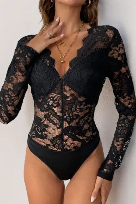 Women's Long Sleeve Lace Mesh Bodysuit