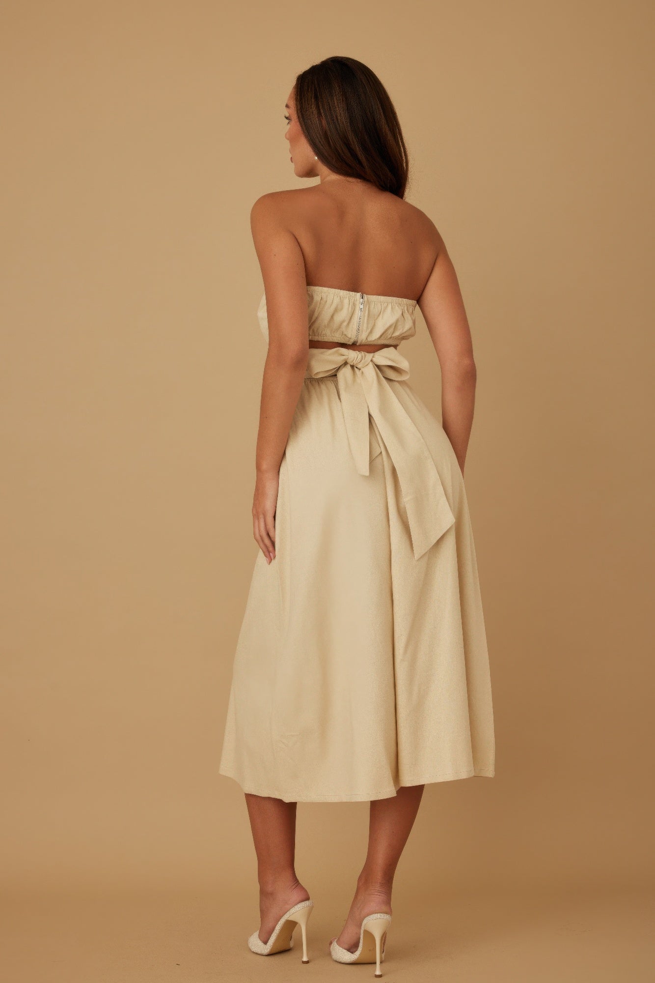 Linen Flower Pattern Strapless Dress