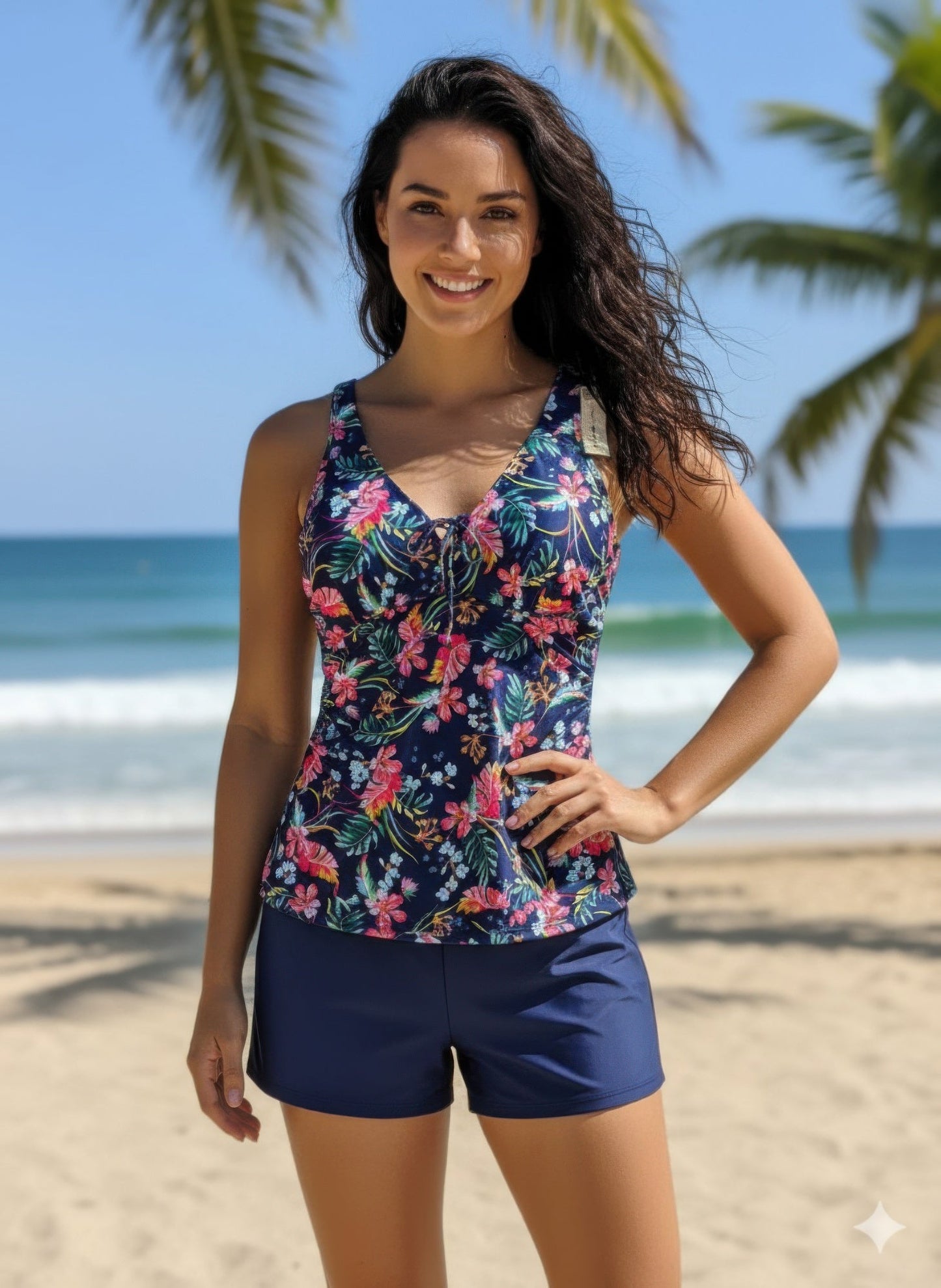 Tankini Floral Navy Blue Boy Short Set