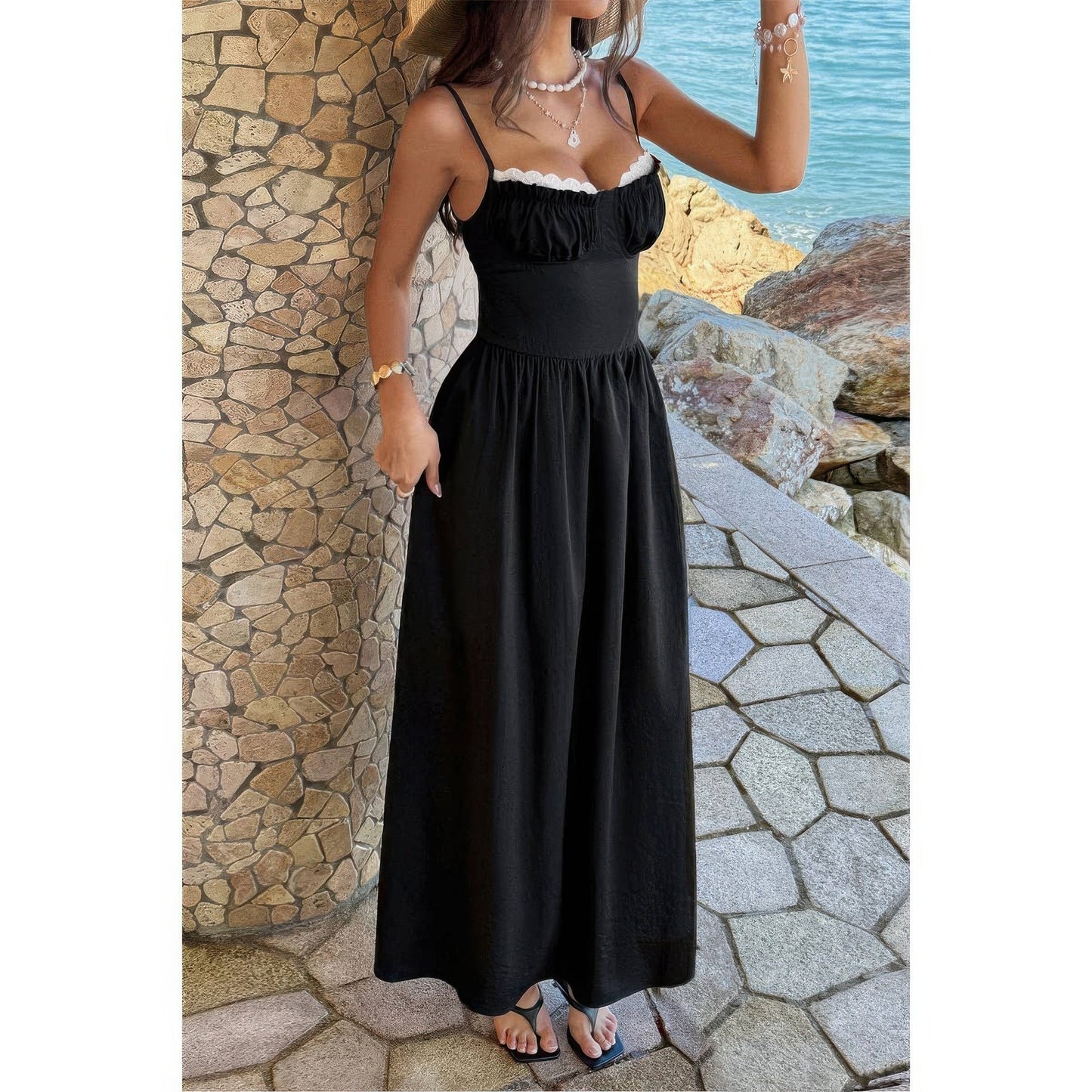 Contrast Color Lace Spaghetti Strap Long Dress