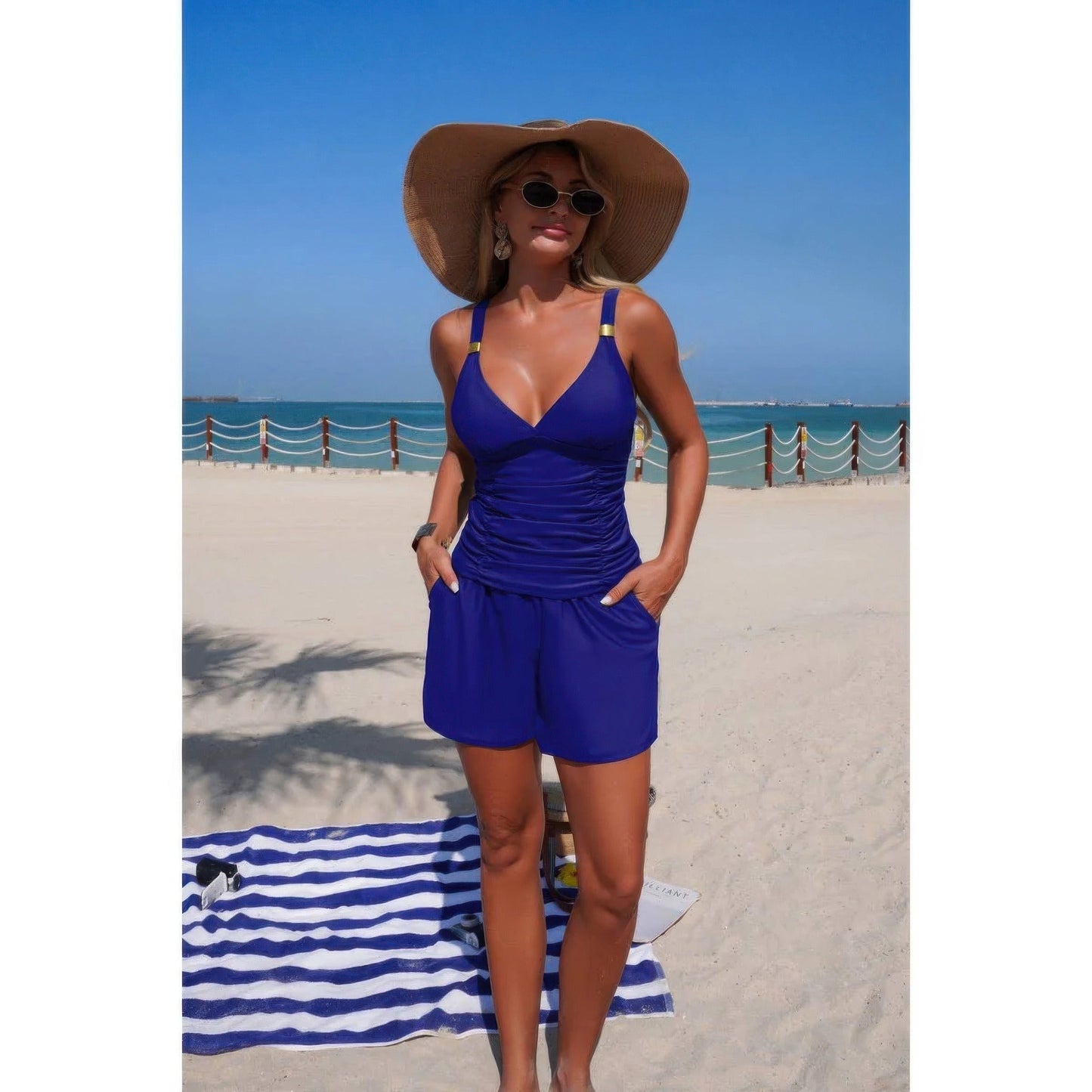Two-Piece Ruched V-Neck Tankini Swimsuit