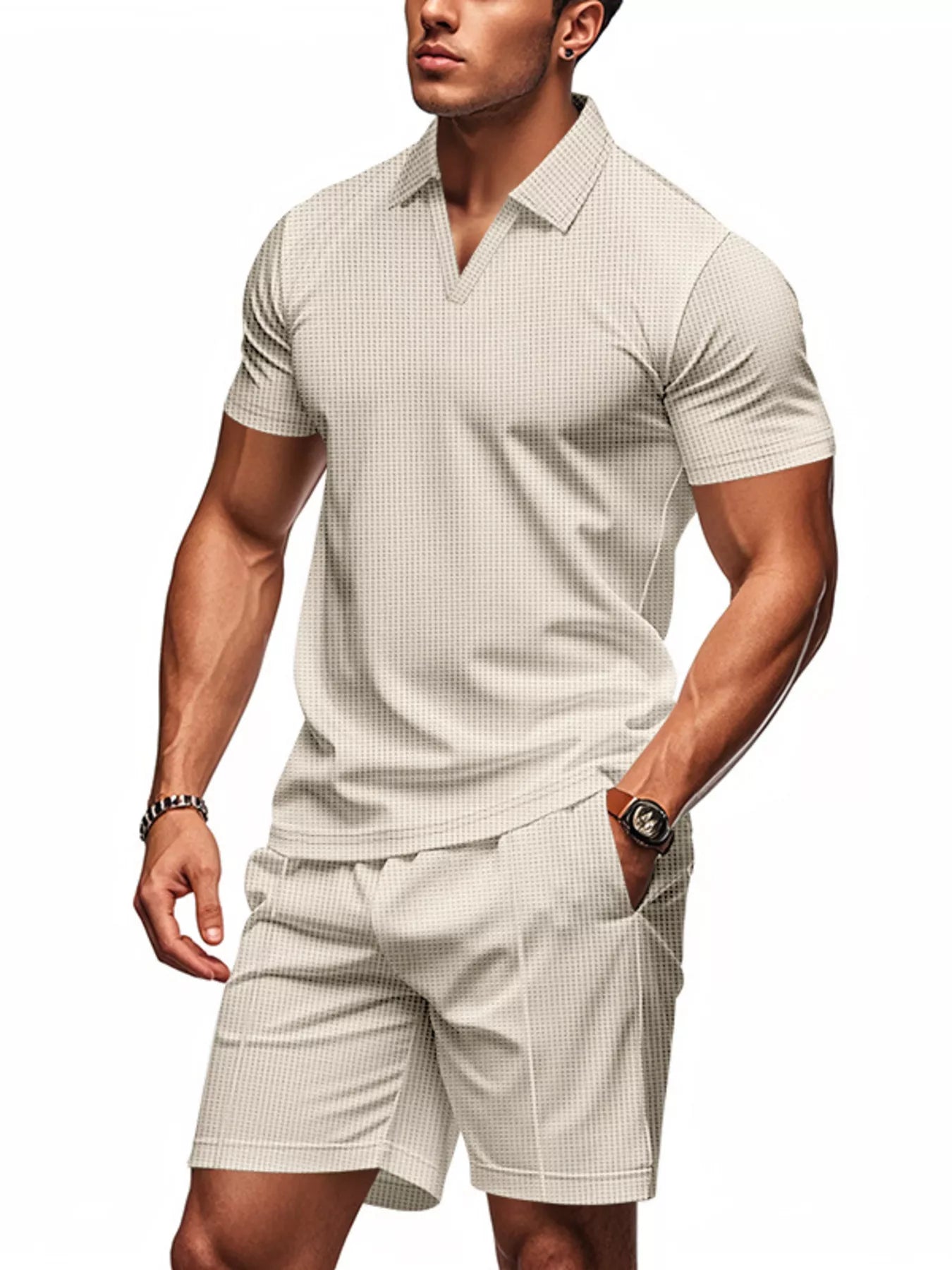 Men's Full Size Textured Short Sleeve Polo and Shorts Set Plus Size