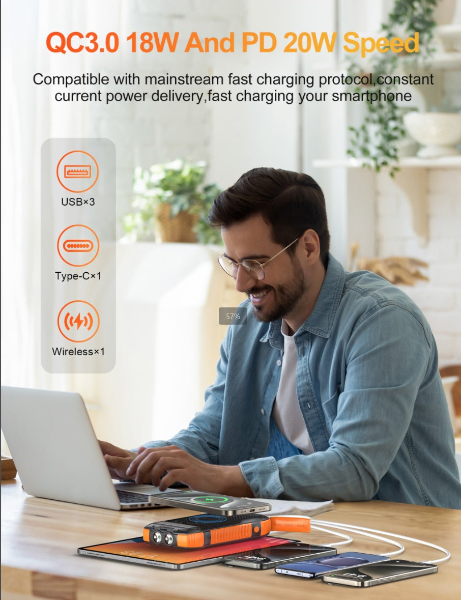 20000mAh Solar Power Bank – Wireless Charging, IP67, LED Flashlight