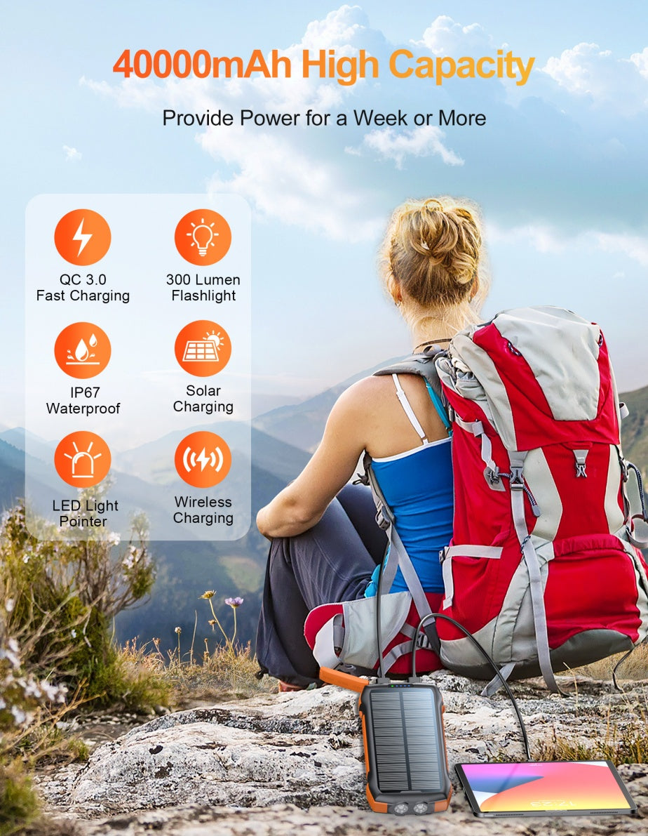 20000mAh Solar Power Bank – Wireless Charging, IP67, LED Flashlight