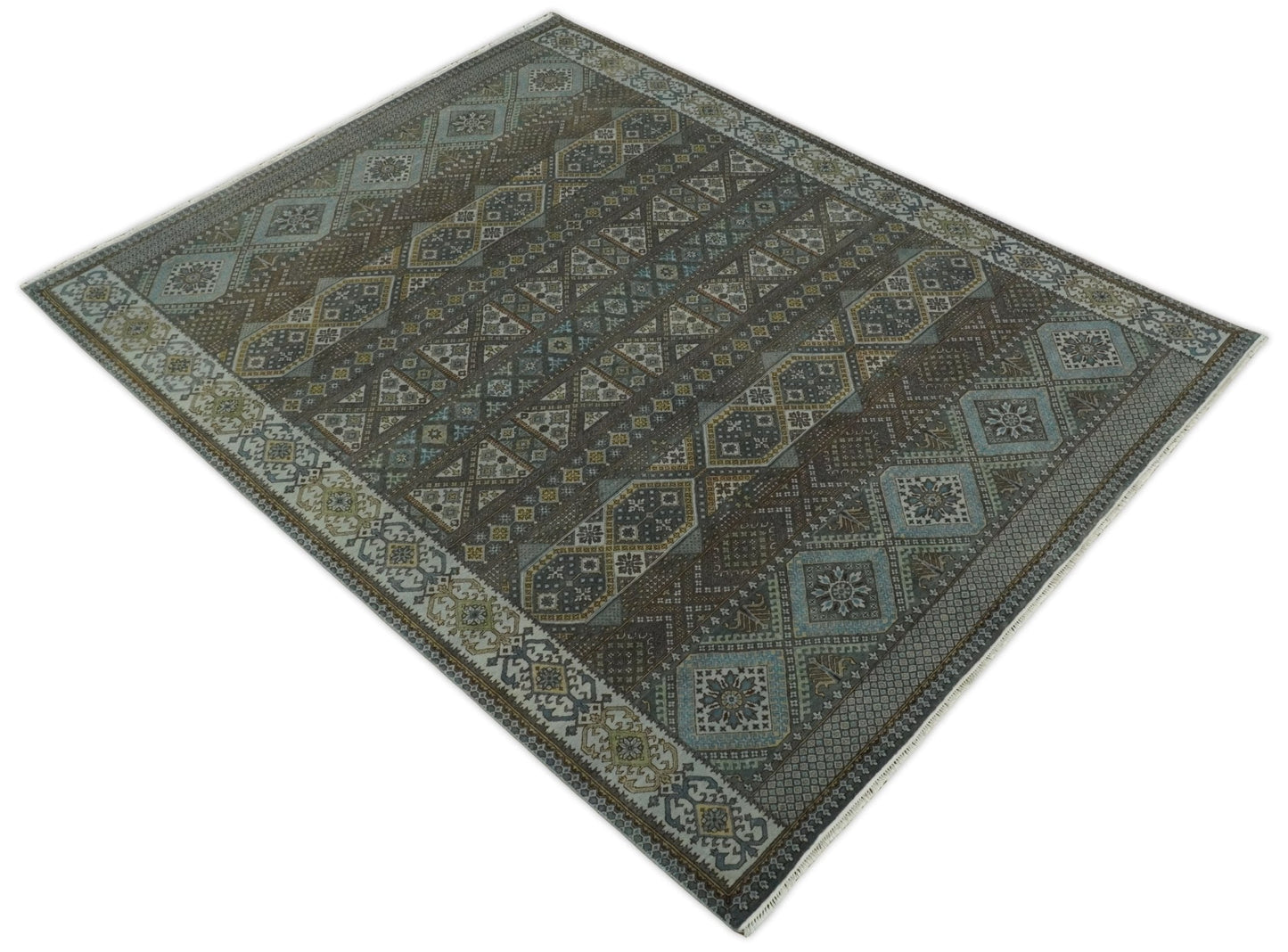 8x10 Fine Hand Knotted Brown and Blue Southwestern Traditional Antique Area Rug