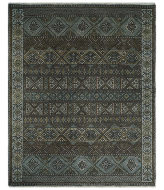 8x10 Fine Hand Knotted Brown and Blue Southwestern Traditional Antique Area Rug