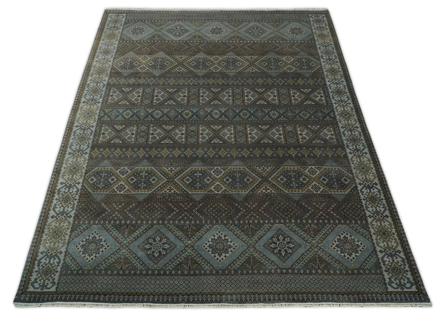 8x10 Fine Hand Knotted Brown and Blue Southwestern Traditional Antique Area Rug
