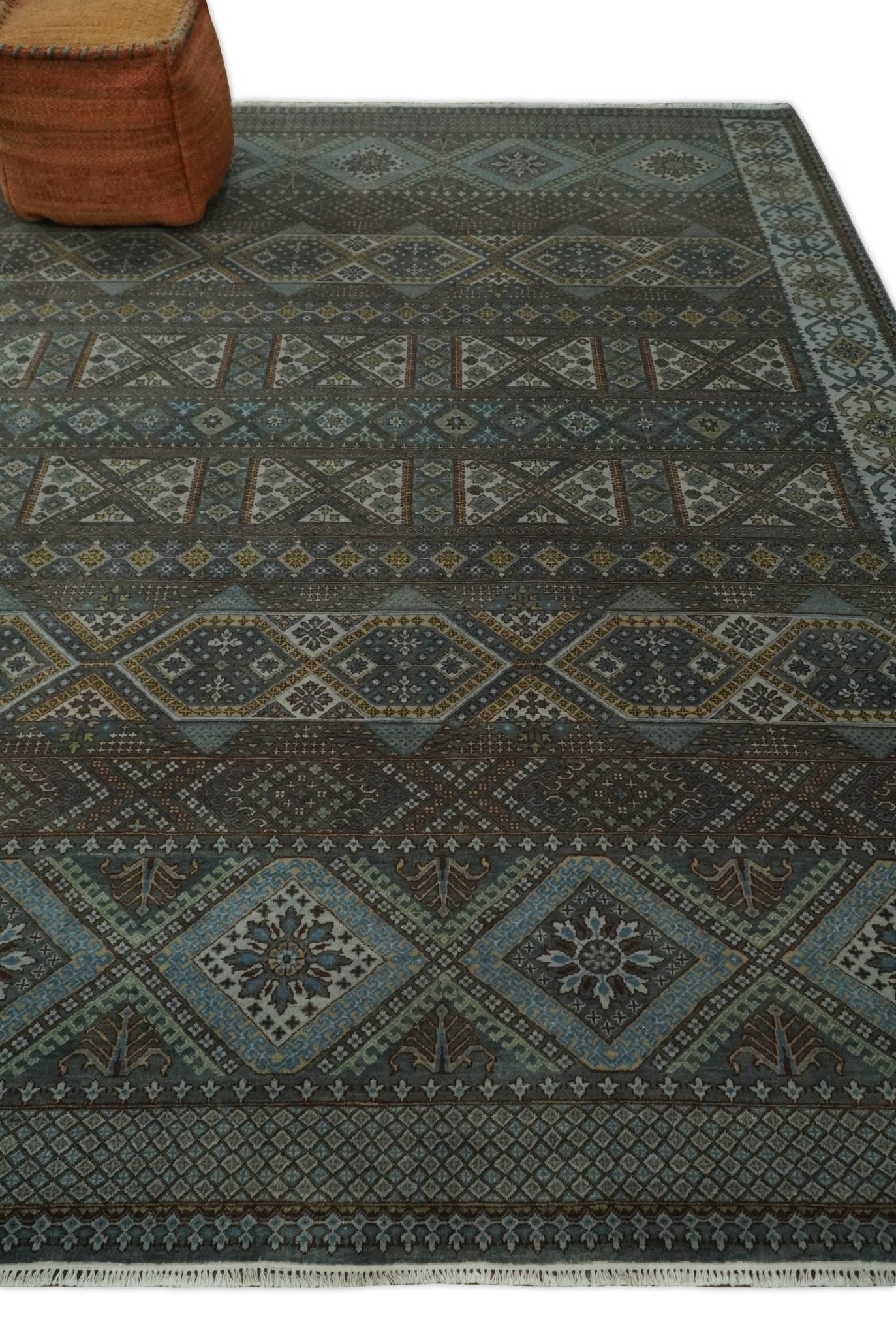 8x10 Fine Hand Knotted Brown and Blue Southwestern Traditional Antique Area Rug