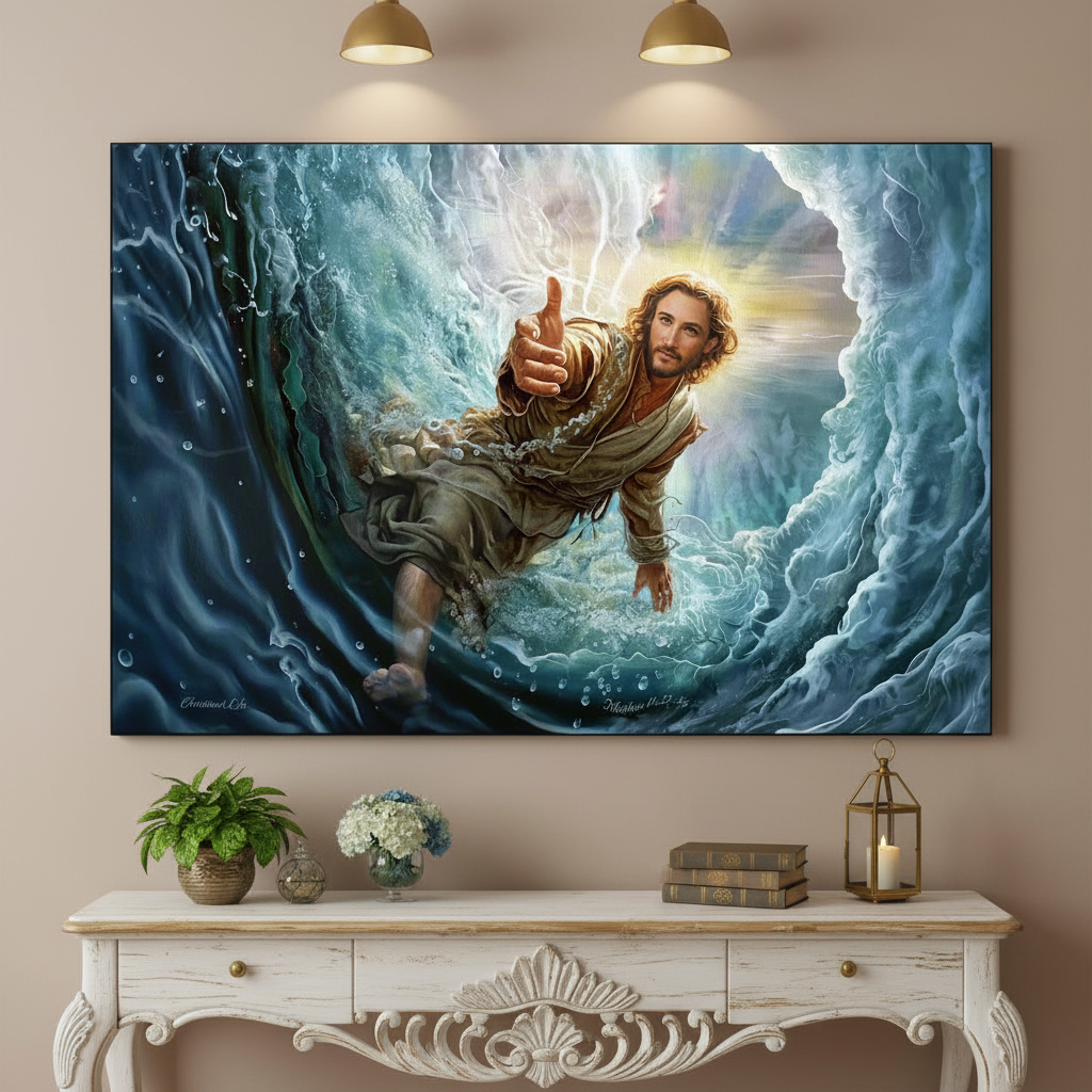 Jesus Reaches Down to Rescue and Lift You Out of the Water - Christian Gallery Wrapped Canvas Wall Art Print