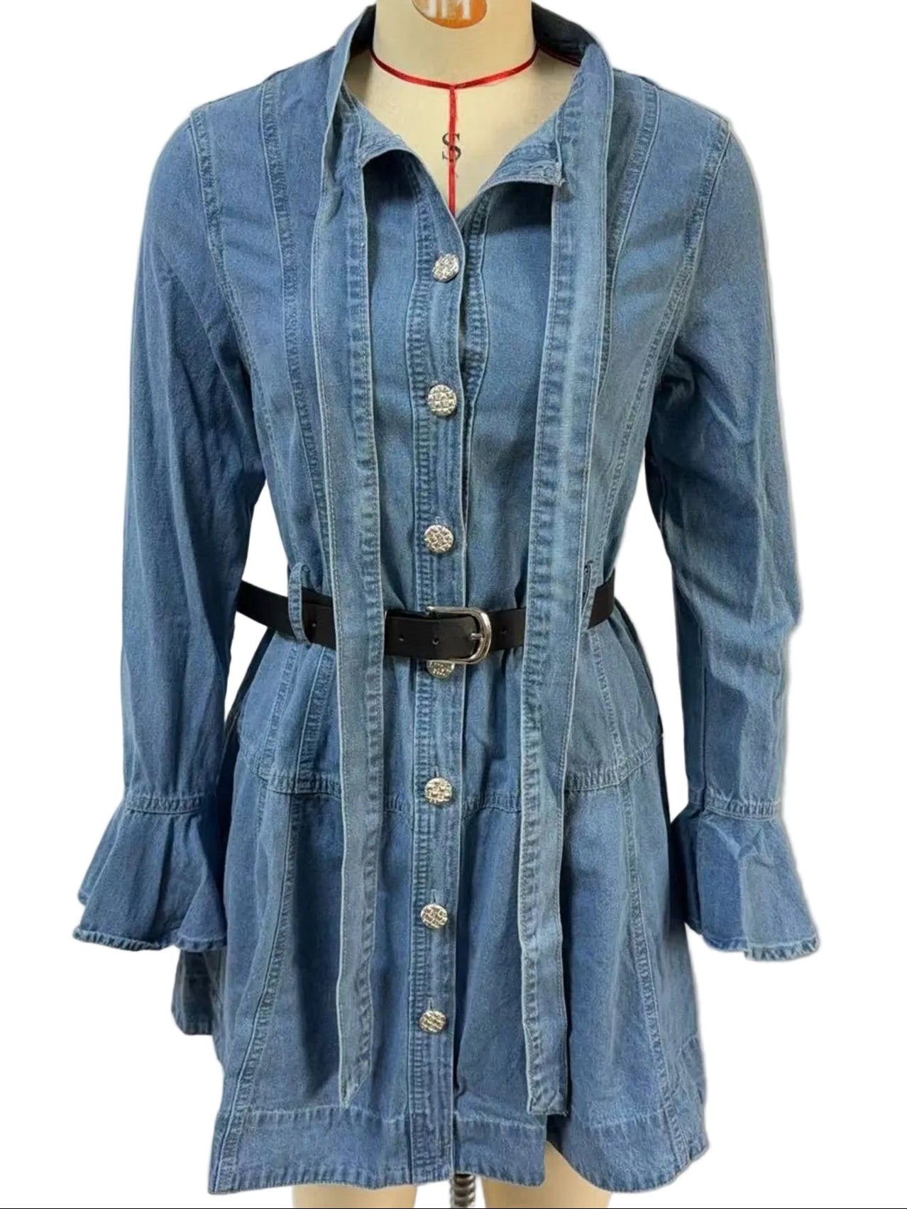 Button Front Flounce Sleeve Denim Dress