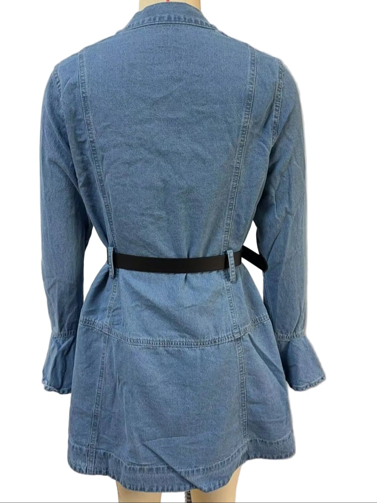 Button Front Flounce Sleeve Denim Dress