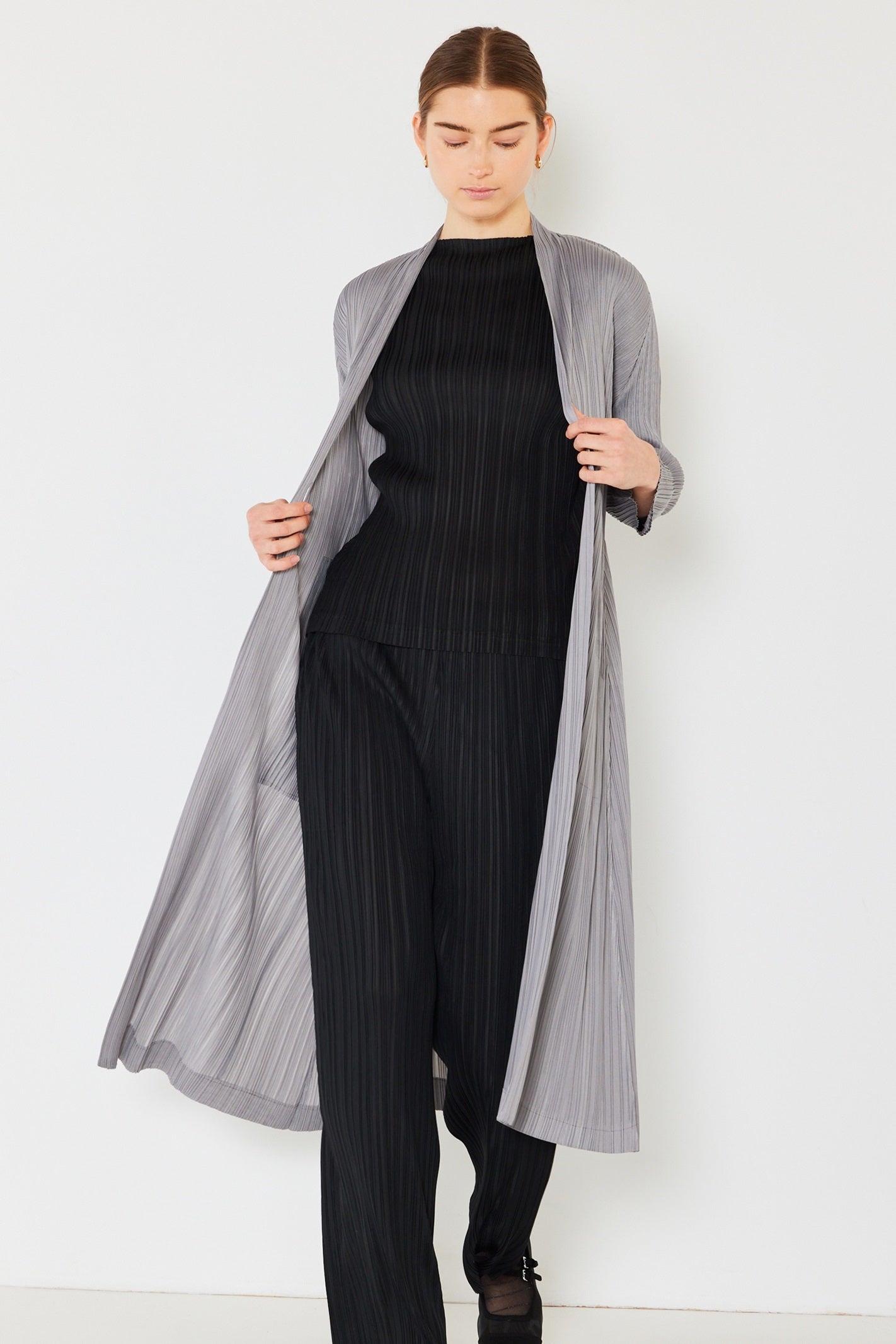 Pleated long sleeve cardigan buster - C02LG_Gray
