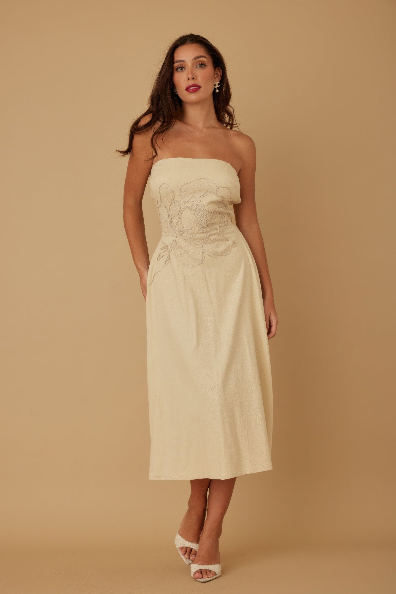 Linen Flower Pattern Strapless Dress