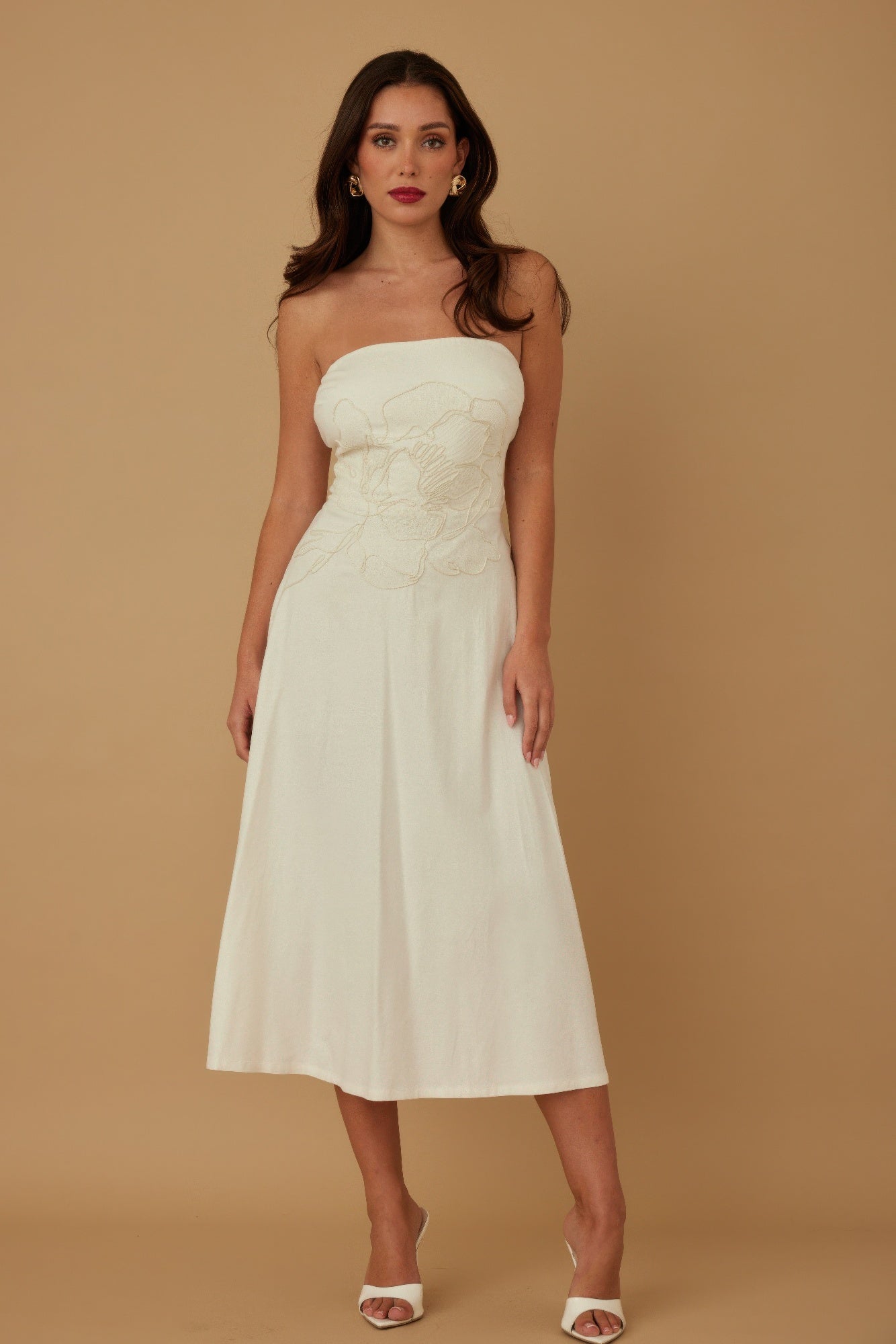 Linen Flower Pattern Strapless Dress