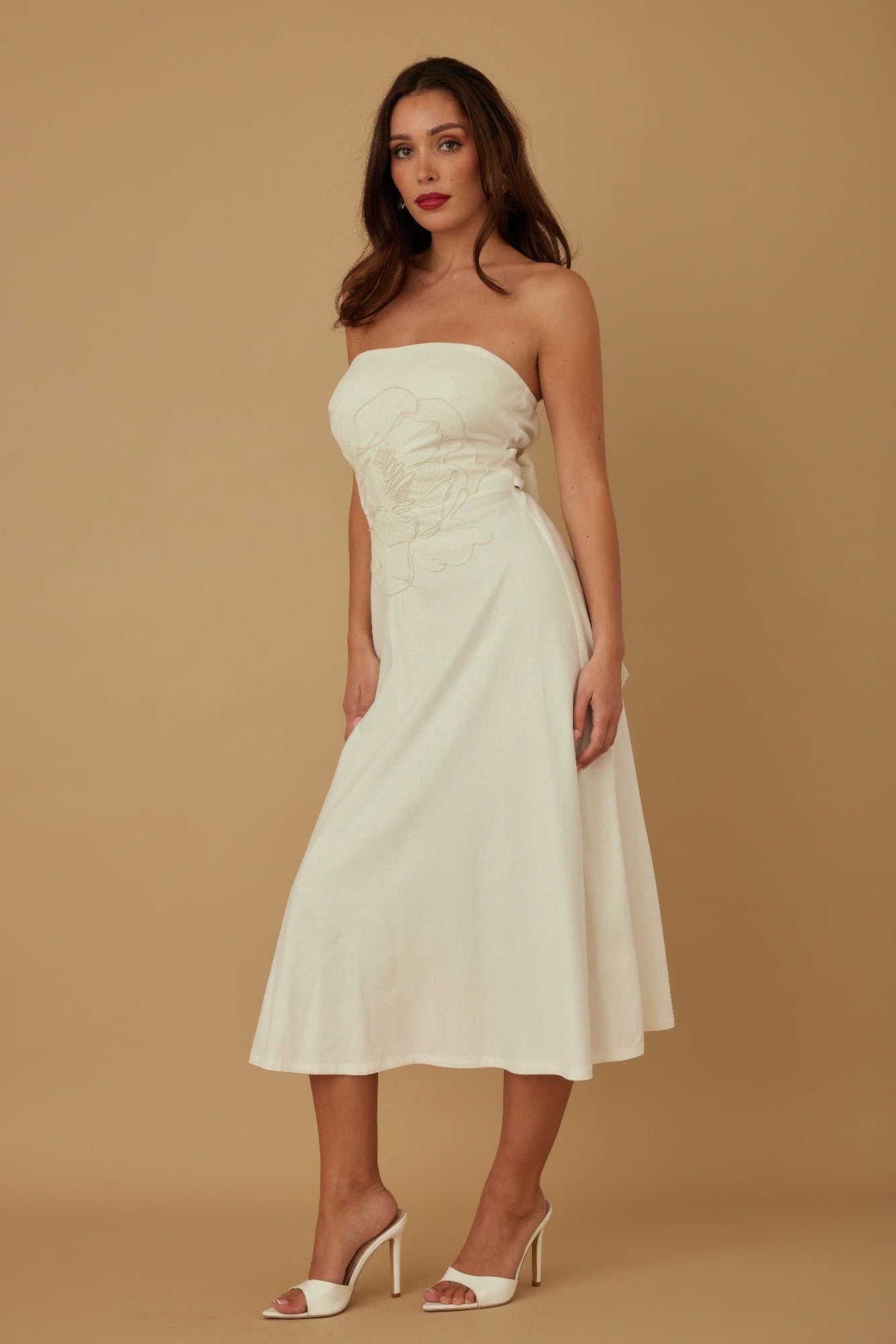 Linen Flower Pattern Strapless Dress
