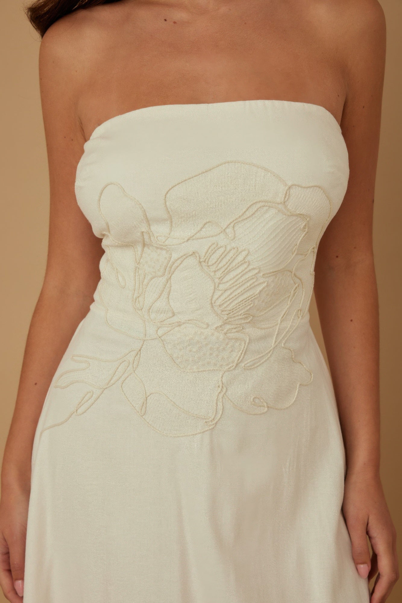 Linen Flower Pattern Strapless Dress