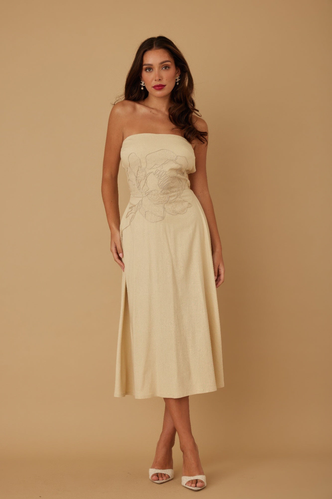Linen Flower Pattern Strapless Dress