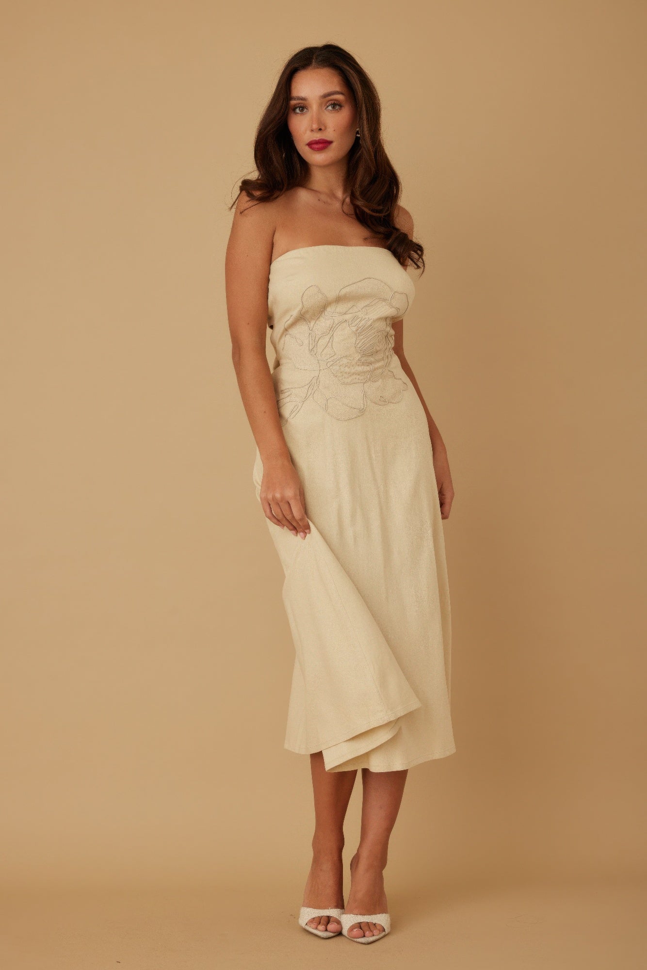 Linen Flower Pattern Strapless Dress