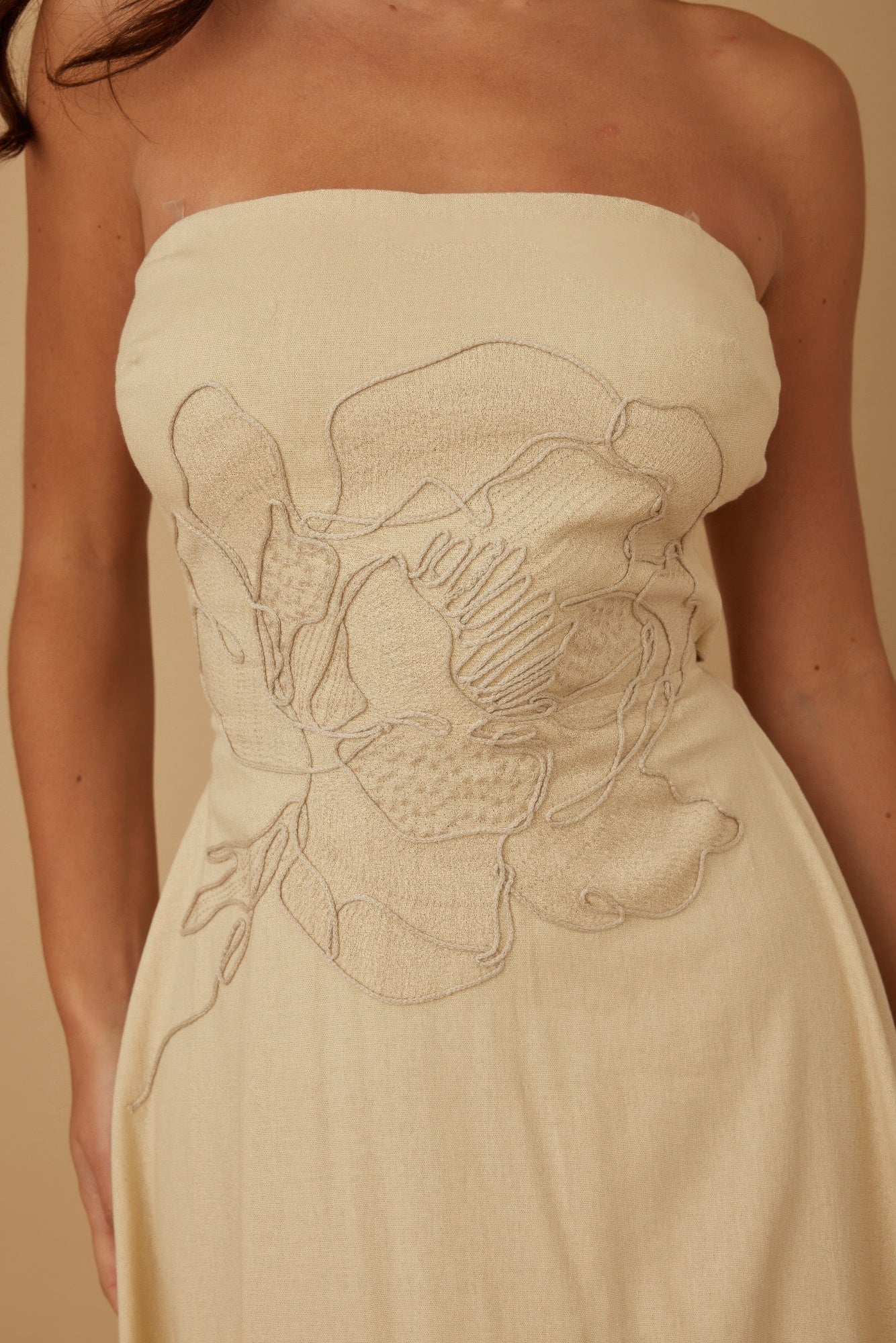 Linen Flower Pattern Strapless Dress