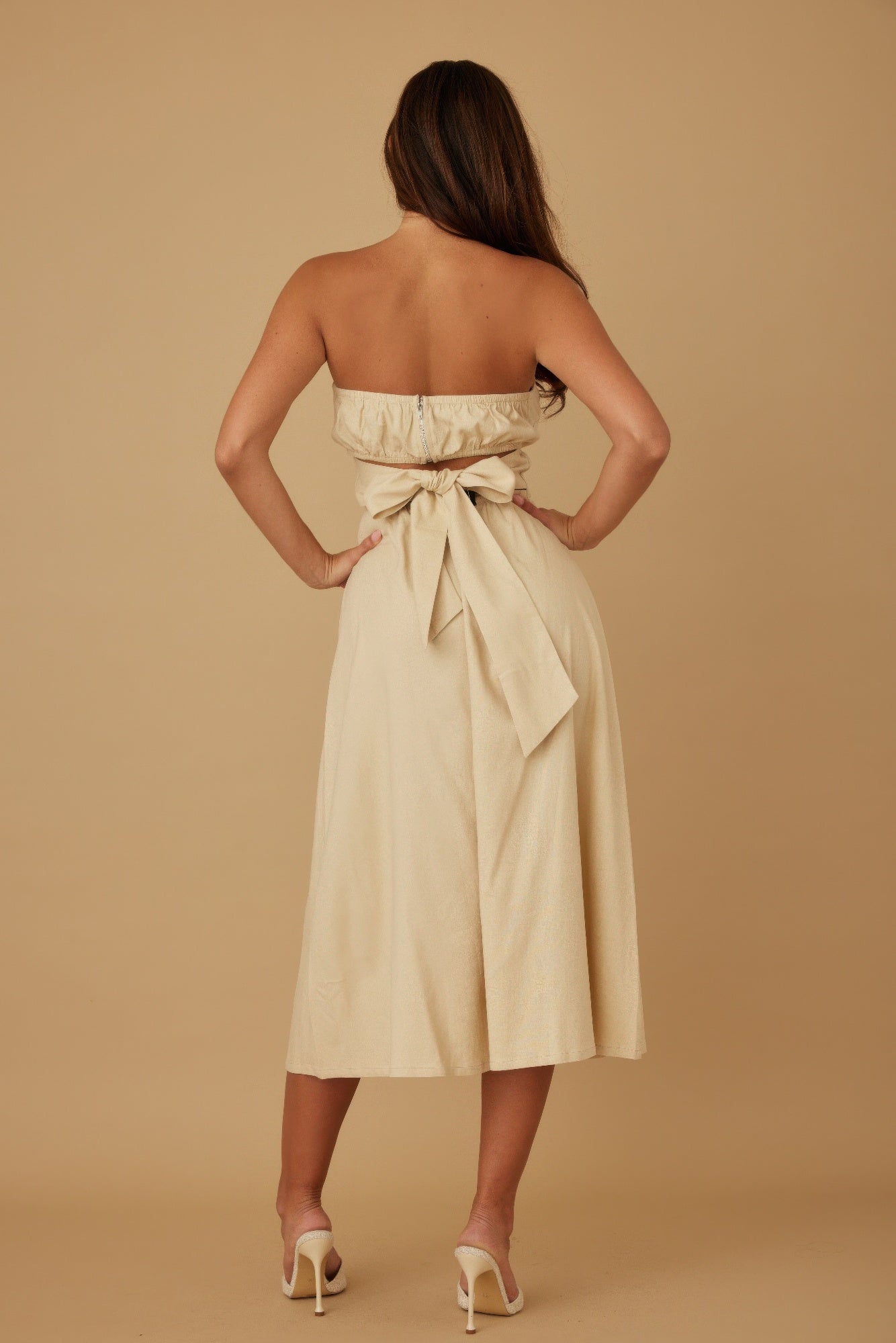 Linen Flower Pattern Strapless Dress