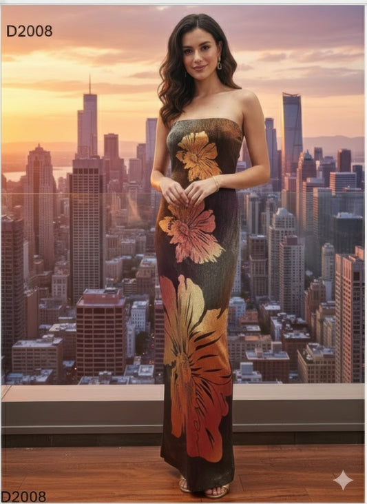 Metallic Flower Tube Maxi Dress