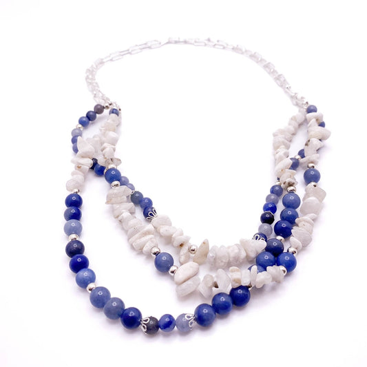 Denim Blue Aventurine 3-Strand Necklace | Silver Paperclip Chain 22.5–32.5"