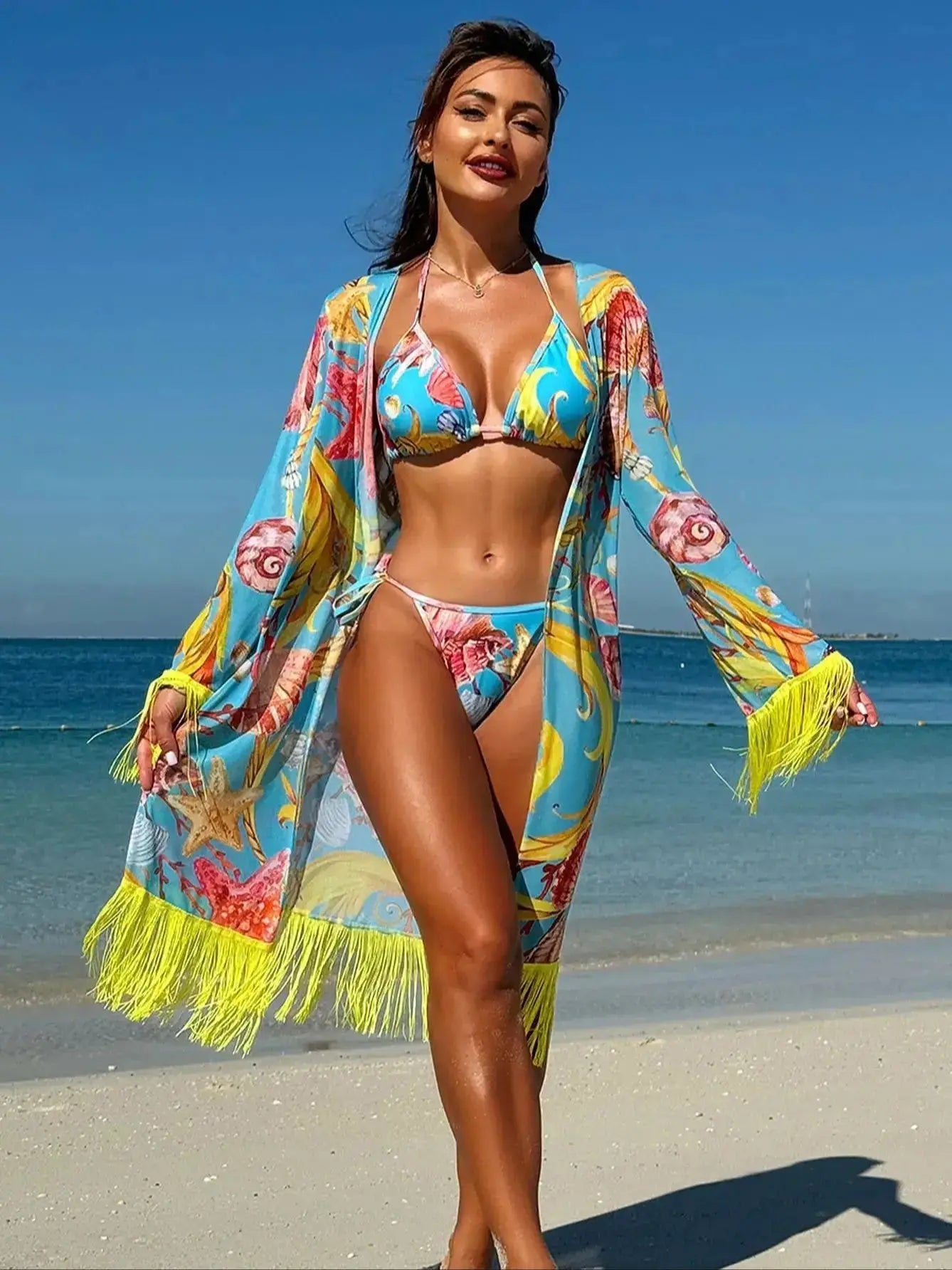 Women's Tassel Drape Swimsuit 3-Piece Beach Cover-Up Set
