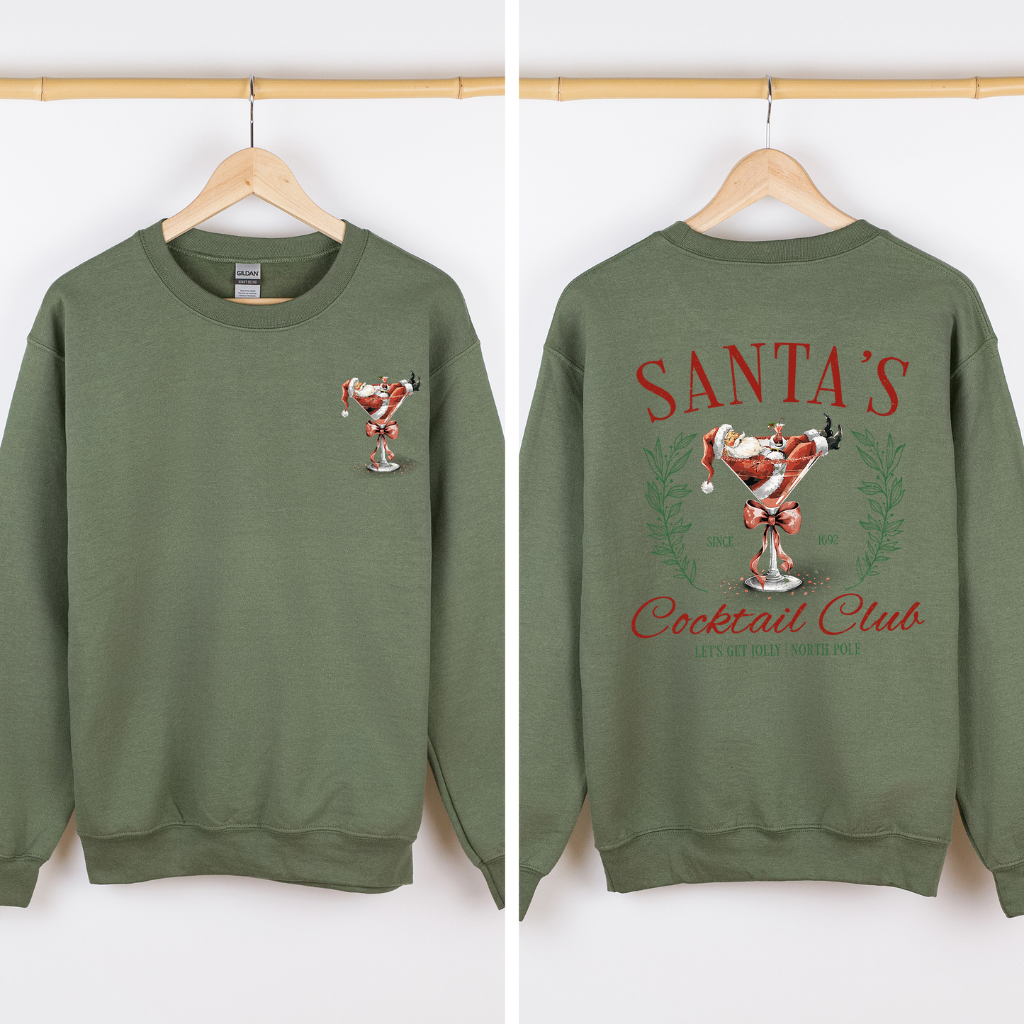 Santa's Cocktail Club I Like Them Real Thick And Sprucy Front And Back Print Sweatshirt