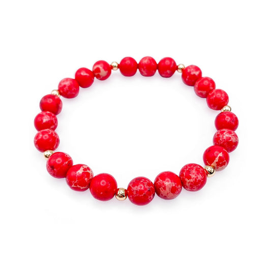 Stunning Red Jasper Stretch Bracelet | Gold Spacer Beads 6.5–7"