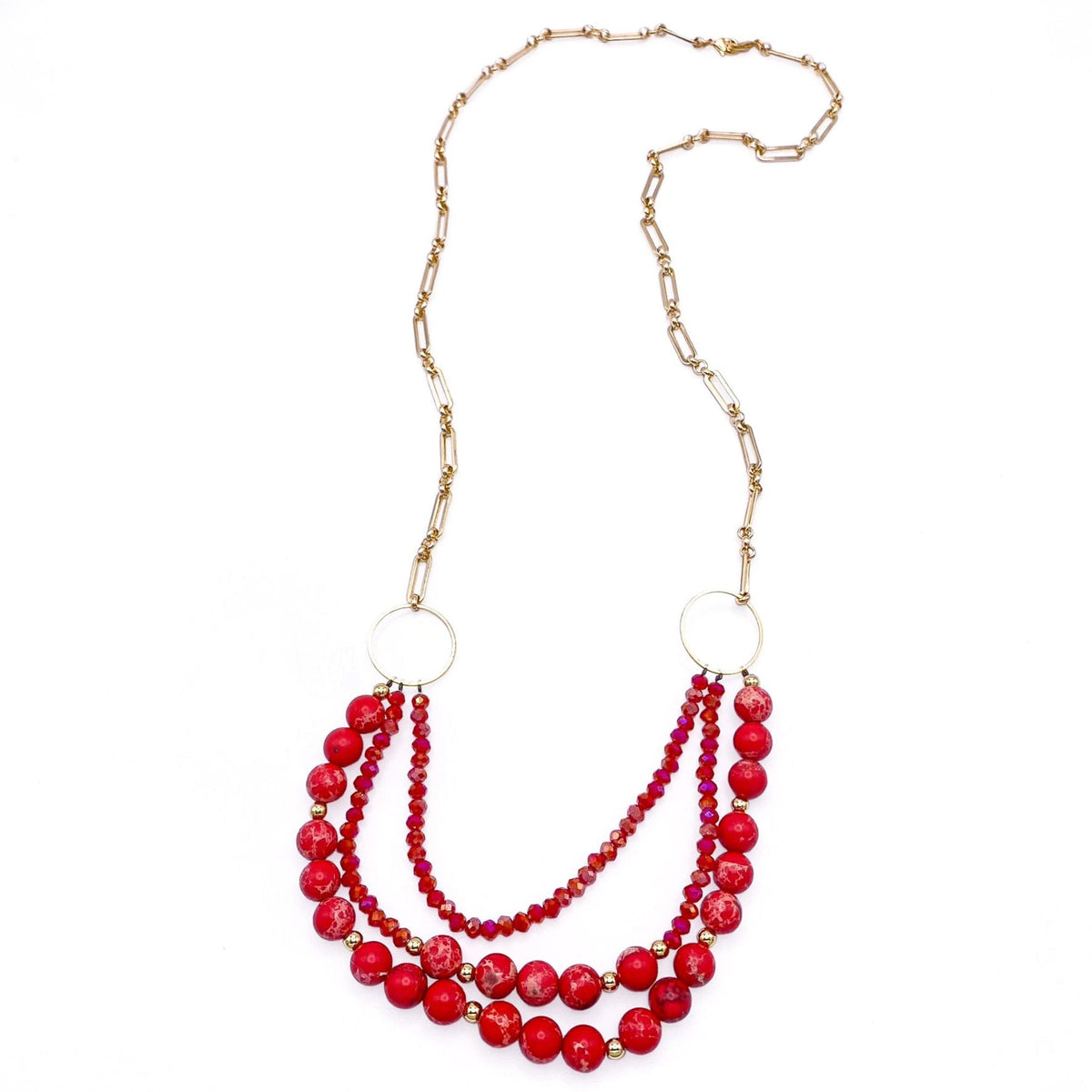 Red Jasper Bib Necklace | Gold Paperclip Chain Adjustable 17.5–28.5"