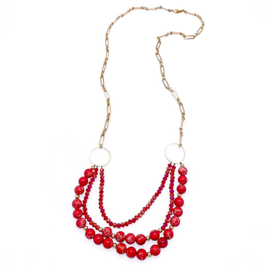 Red Jasper Bib Necklace | Gold Paperclip Chain Adjustable 17.5–28.5"