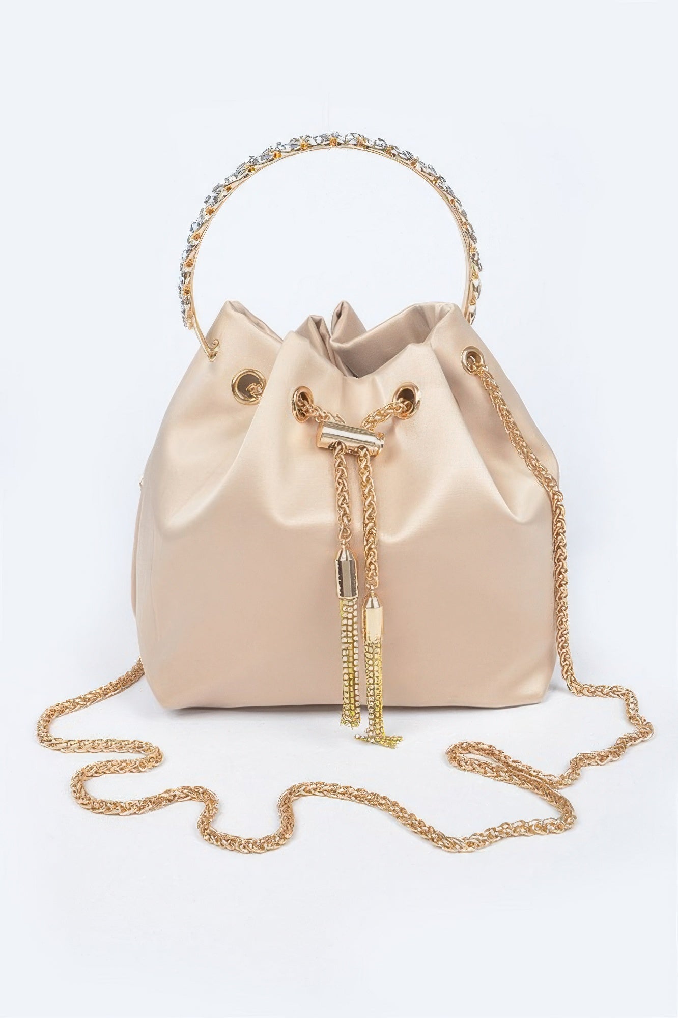 Rhinestone Top Handle Satin Bucket Bag