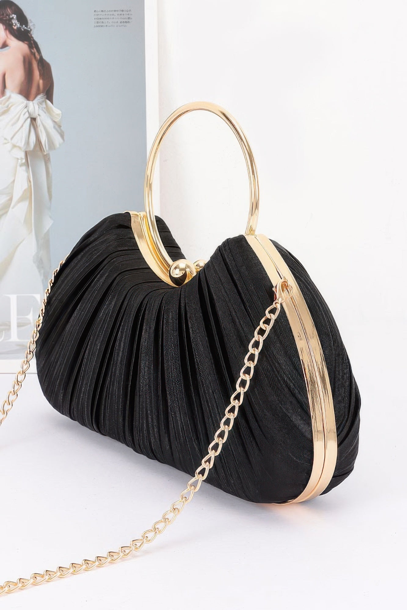 Pleated Fan Clutch Handbag with Chain Strap