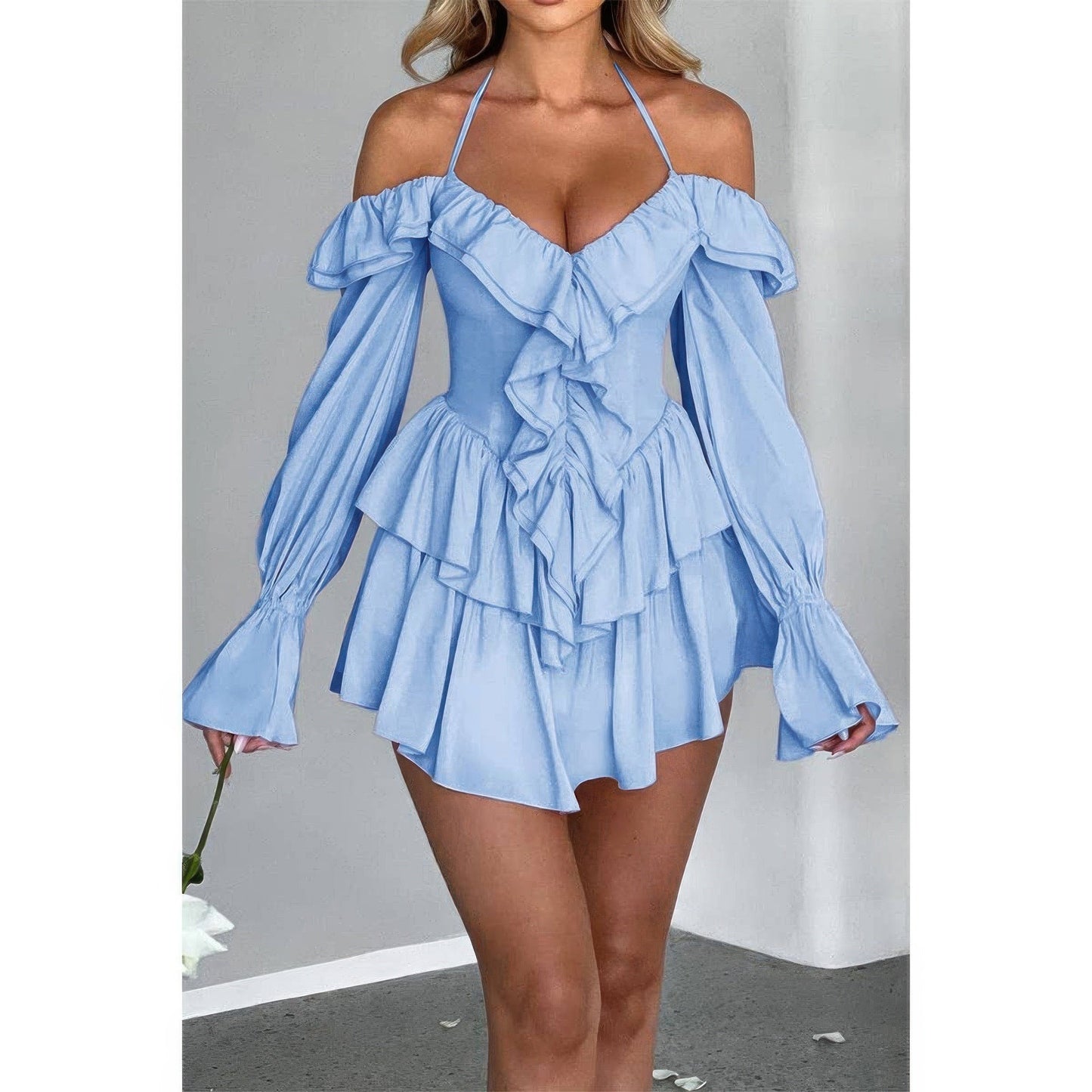 Off Shoulder Corset Ruffle Halter Mini Dress