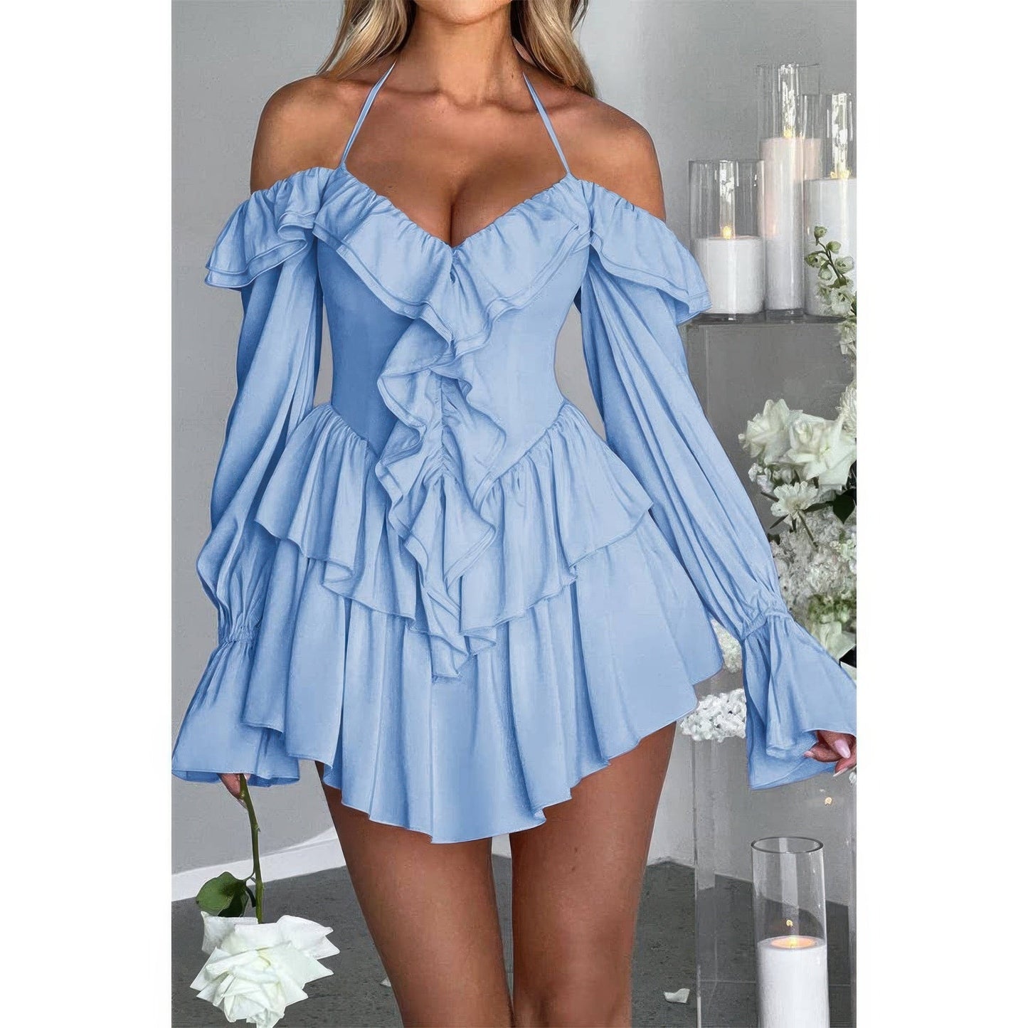 Off Shoulder Corset Ruffle Halter Mini Dress