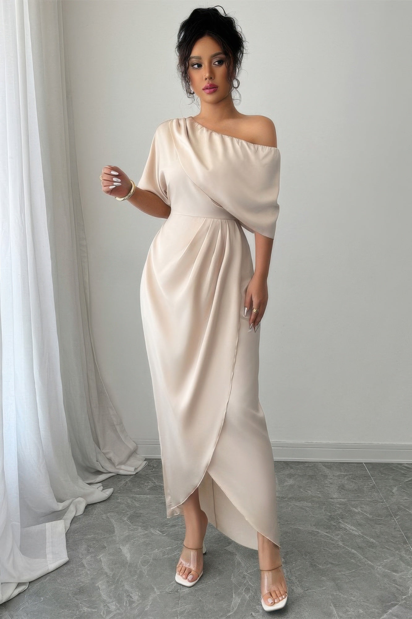 Solid One Shoulder Cross Ruched Dress