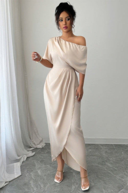 Solid One Shoulder Cross Ruched Dress