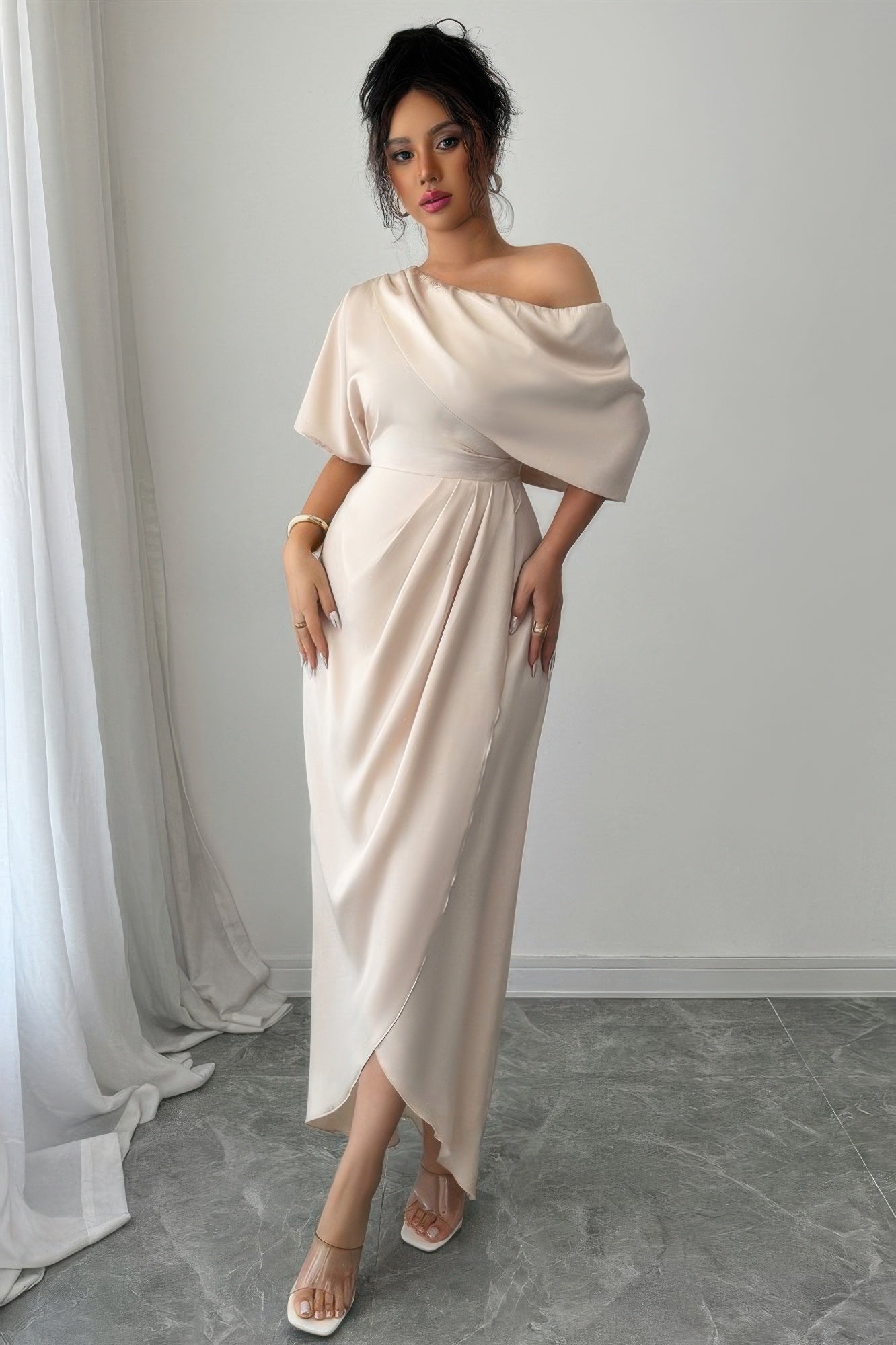 Solid One Shoulder Cross Ruched Dress