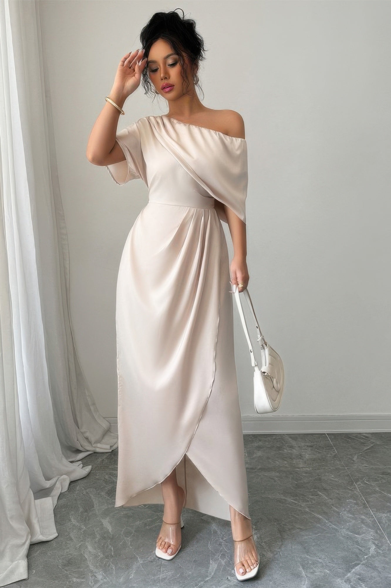 Solid One Shoulder Cross Ruched Dress