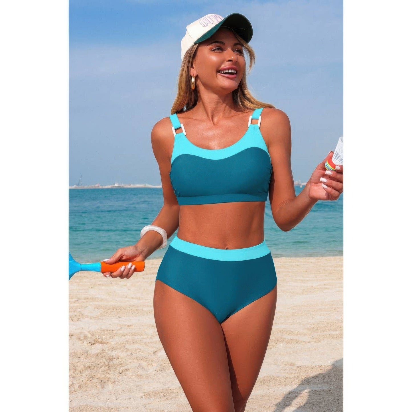 Two Piece Colorblock Sleeveless Back Knot Bikini