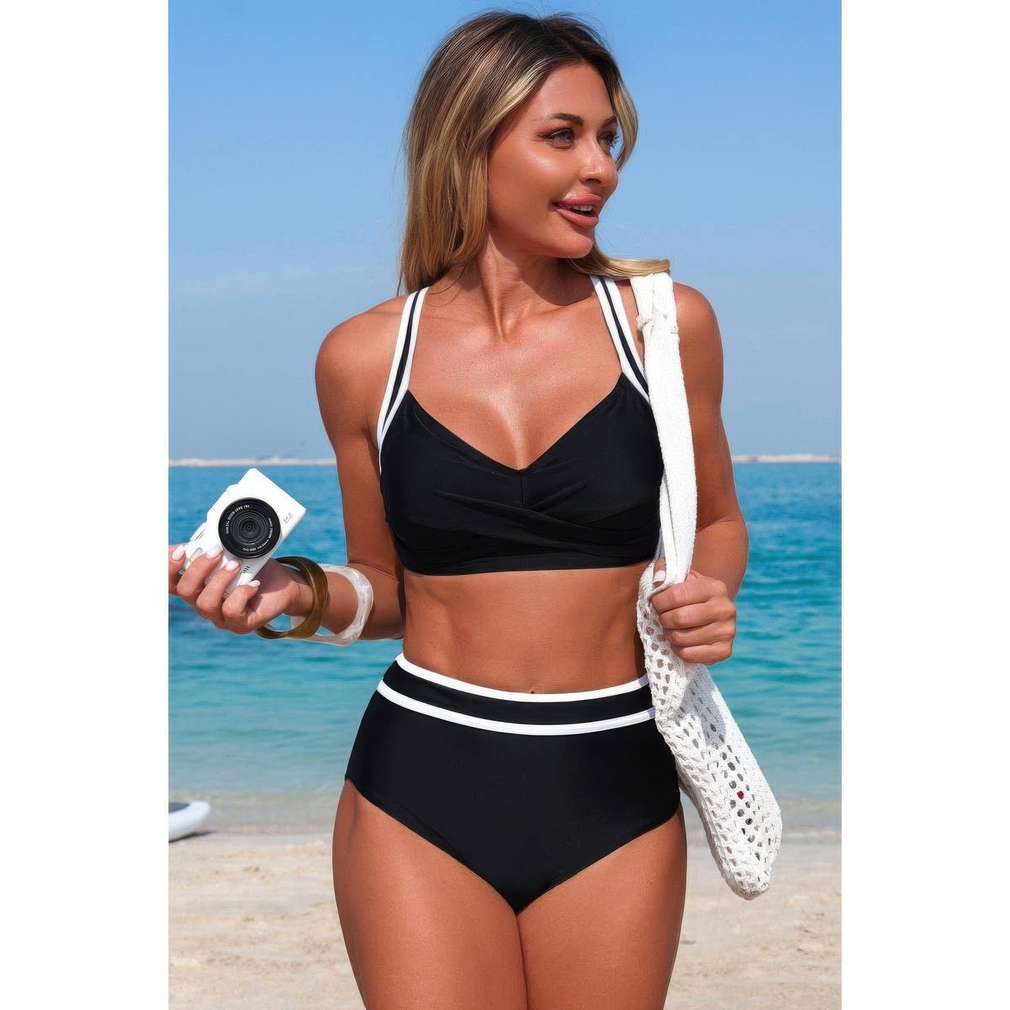 Two-Piece High Waisted Cross-Front Contrasting Bikini Set