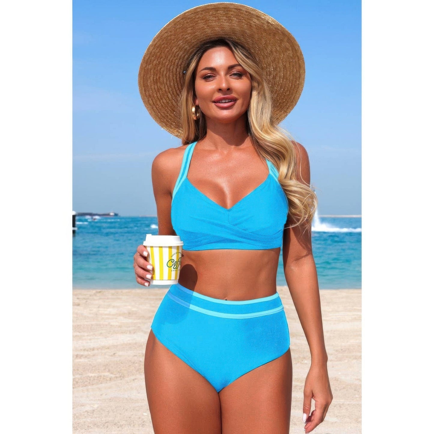 Two-Piece High Waisted Cross-Front Contrasting Bikini Set