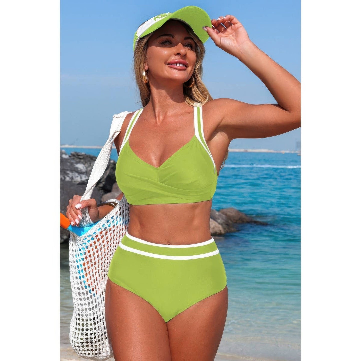 Two-Piece High Waisted Cross-Front Contrasting Bikini Set