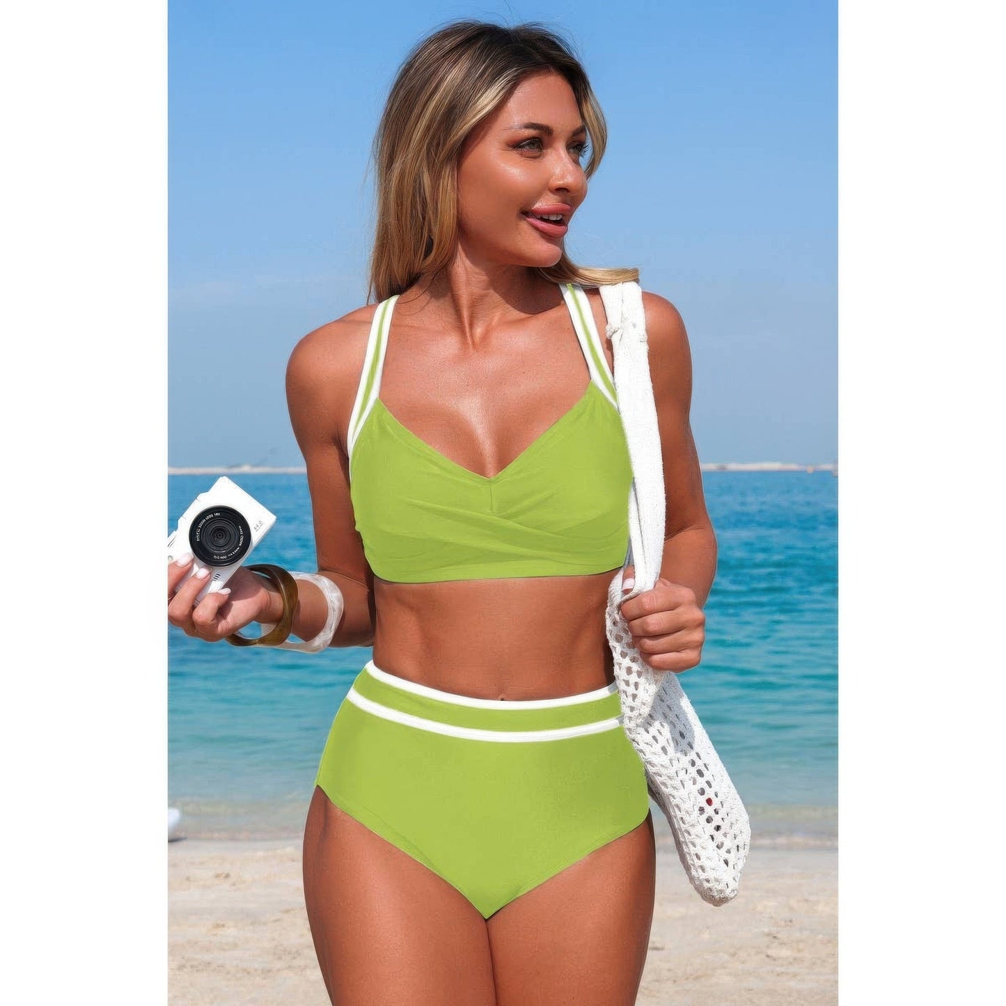 Two-Piece High Waisted Cross-Front Contrasting Bikini Set