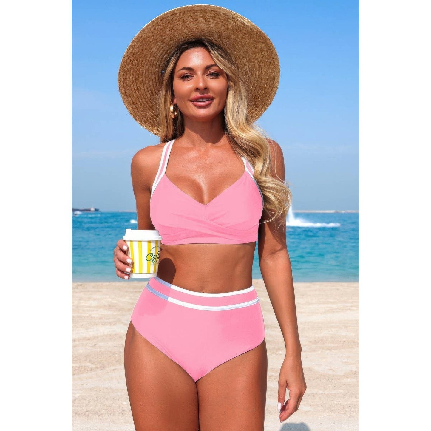 Two-Piece High Waisted Cross-Front Contrasting Bikini Set