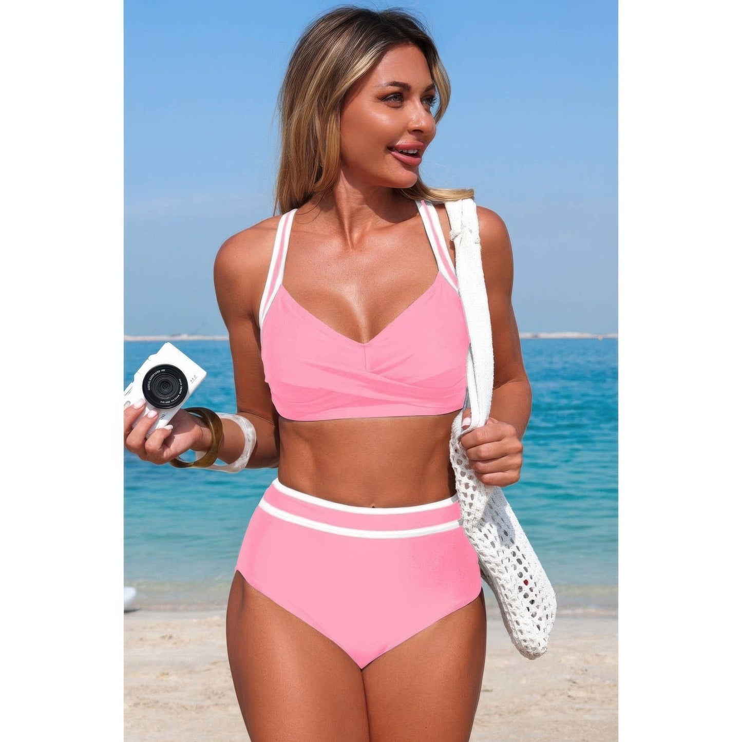 Two-Piece High Waisted Cross-Front Contrasting Bikini Set