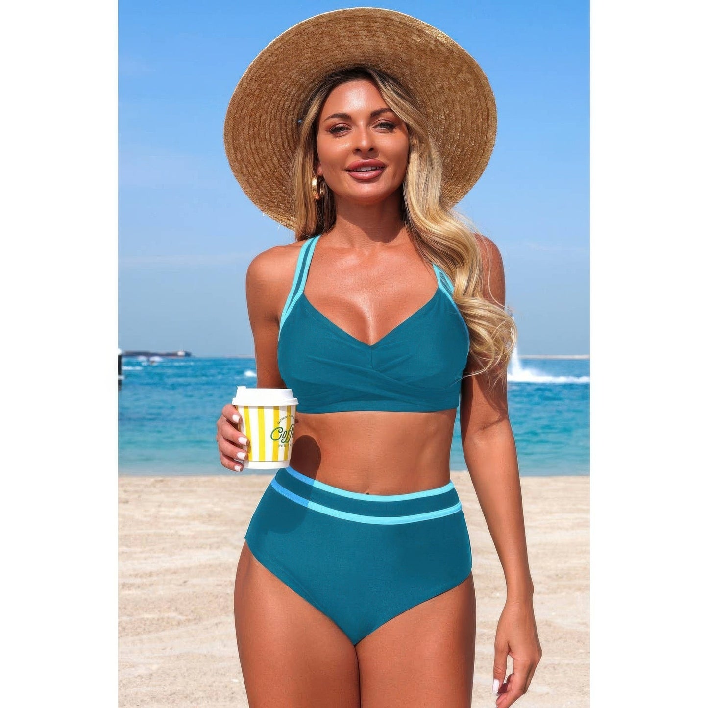 Two-Piece High Waisted Cross-Front Contrasting Bikini Set