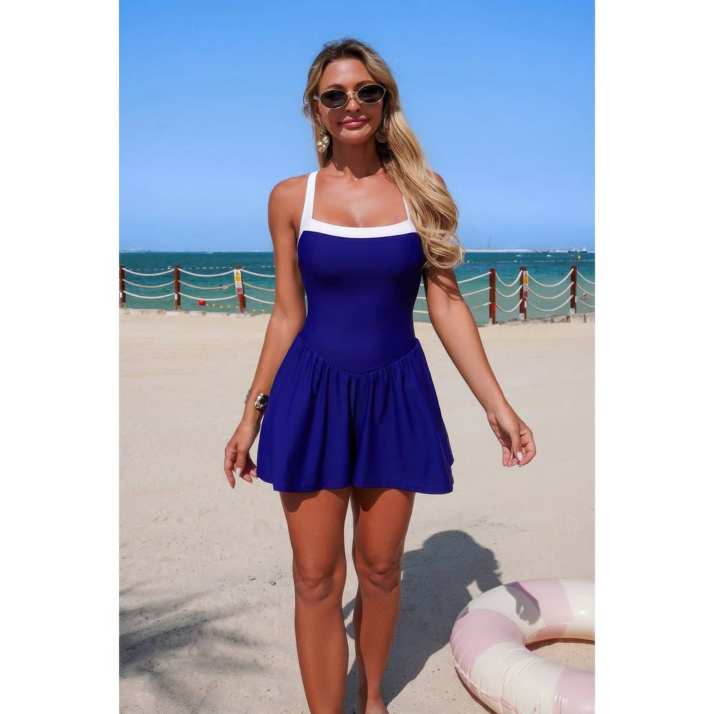 One Piece Solid Elastic Sleeveless Skirt Swimsuit