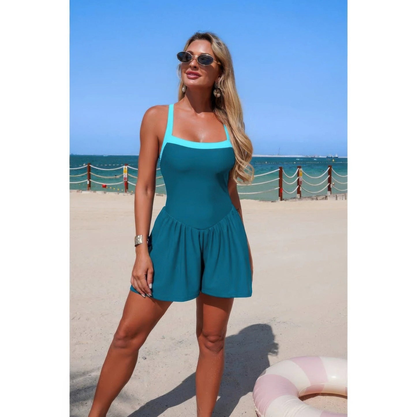 One Piece Solid Elastic Sleeveless Skirt Swimsuit
