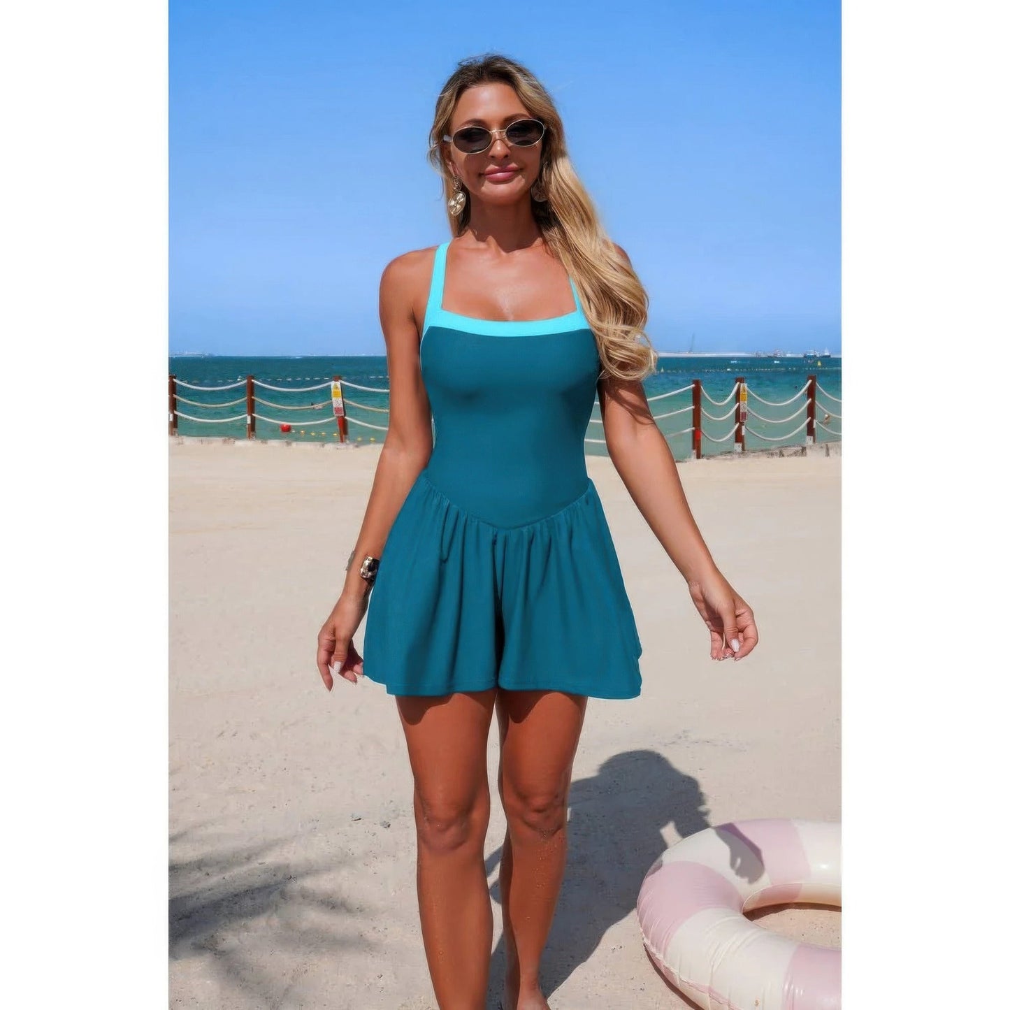 One Piece Solid Elastic Sleeveless Skirt Swimsuit